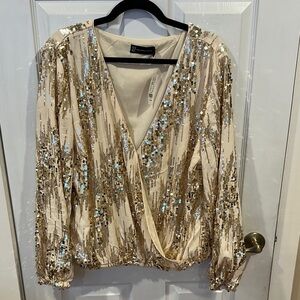 New York & Company Gold Sequin Wrap Blouse Long Sleeve